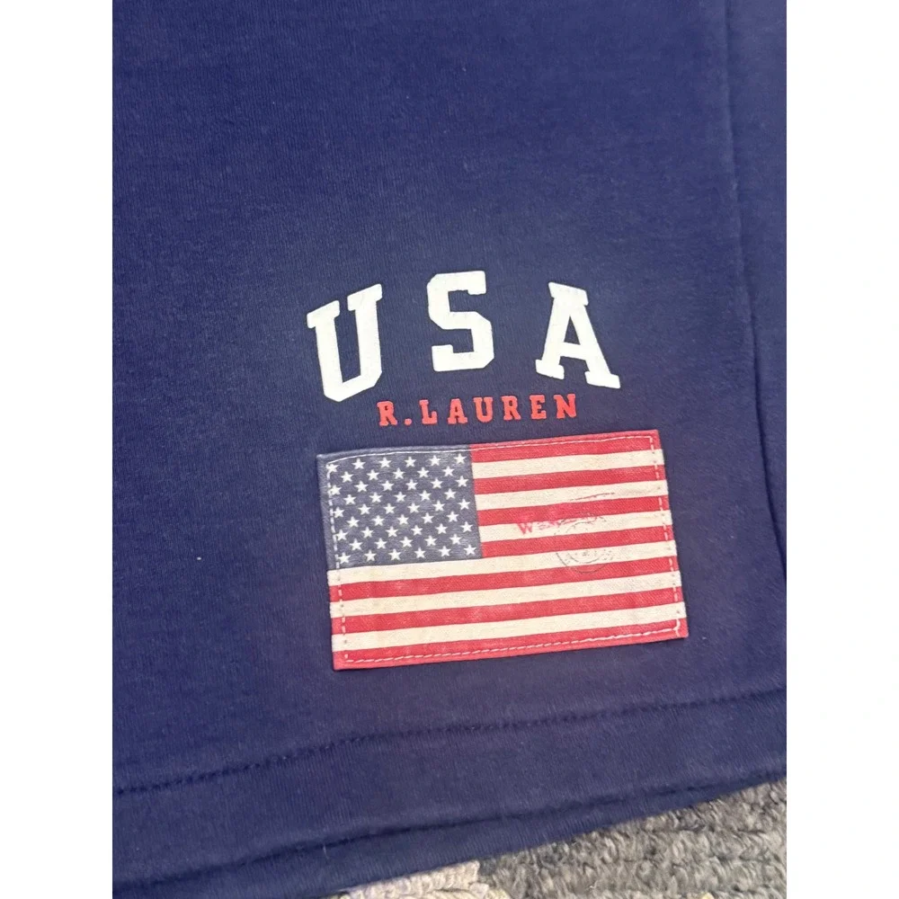 Polo Ralph Lauren Mens XXL USA Flag Fleece Shorts Navy Blue Graphic Sweat Shorts